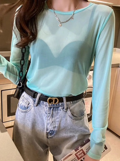 Summer Korean Mesh T-shirts Transparent Tops for Loose White Transparent Office Lady Shirts