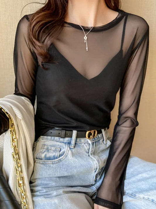 Summer Korean Mesh T-shirts Transparent Tops for Loose White Transparent Office Lady Shirts