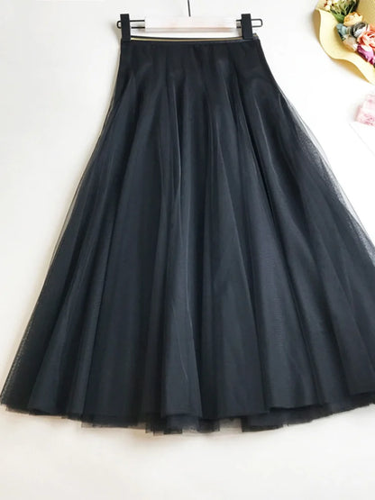 Summer Mesh Pleated Skirt High Waist a Line Tulle Skirts Long Maxi Tutu Skirt Holiday Beach Tulle Skirt