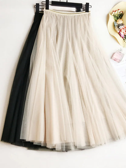Summer Mesh Pleated Skirt High Waist a Line Tulle Skirts Long Maxi Tutu Skirt Holiday Beach Tulle Skirt