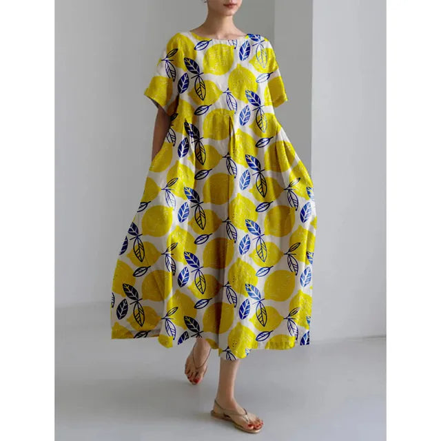 Summer New Color Flower Print Midi Dresses Folds Loose Short Sleeves Dress Lady Commuting Clothing Vestidos
