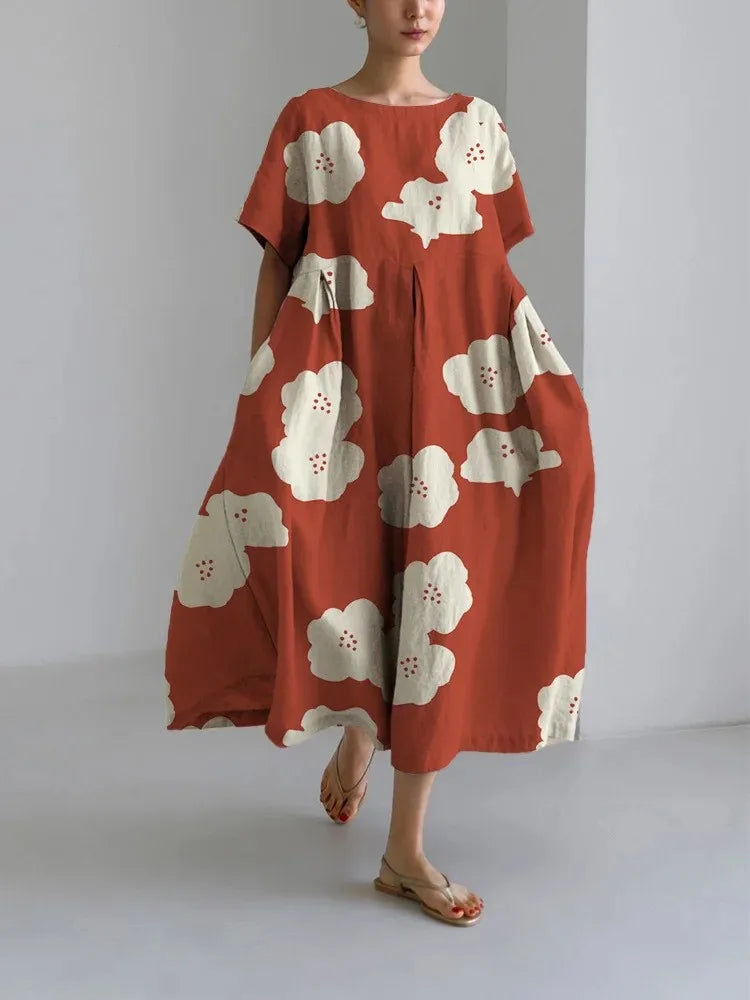 Summer New Color Flower Print Midi Dresses Folds Loose Short Sleeves Dress Lady Commuting Clothing Vestidos
