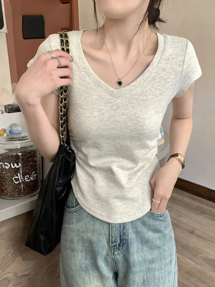 Summer New Color Slim ’s T-shirt Loose Basic T-shirt Woman Black White Gray Simple Top Female