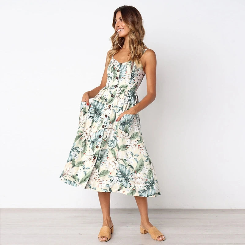 New Pocket Button Bohemia Retro Midi Dresses