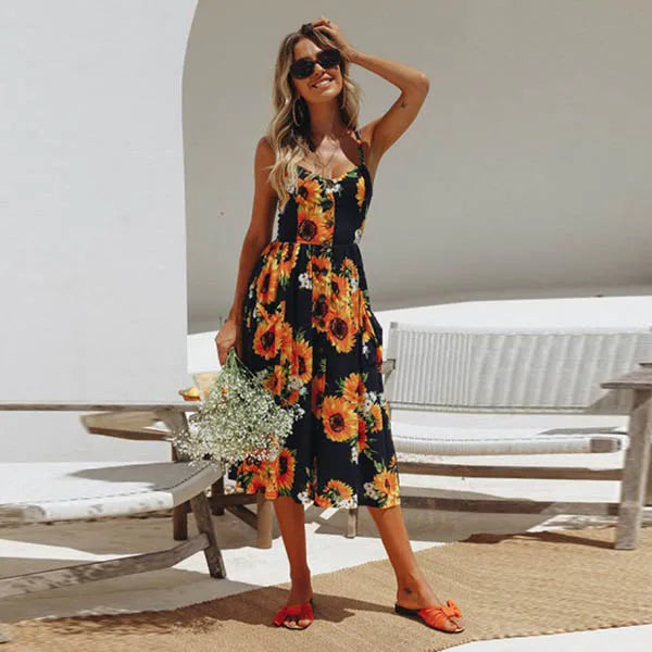 Beach Printing Suspenders Robe V-neck Seeveless Vestiti Donna Midi Dresses