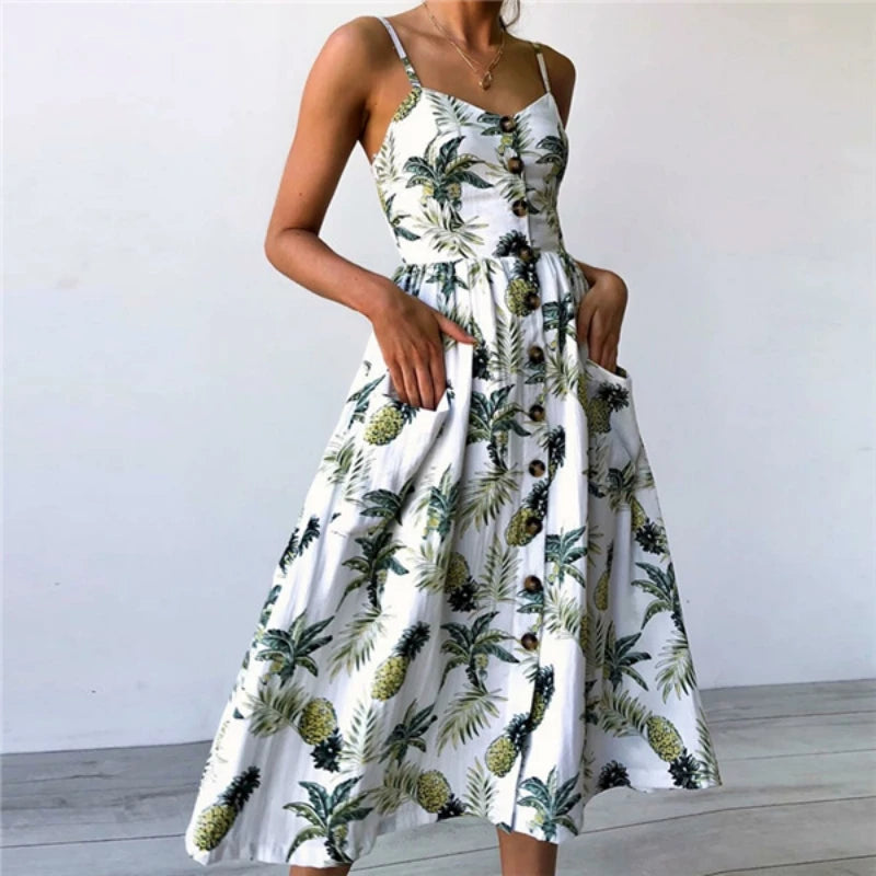 New Pocket Button Bohemia Retro Midi Dresses
