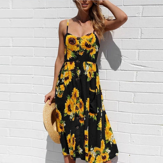New Pocket Button Bohemia Retro Midi Dresses