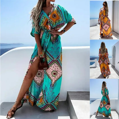 Summer Printed Long Dresses V-neck Beach Vacation Style High Waist Leace-up Slit Dress Female Vestidos