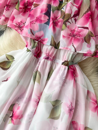 Summer Ruffle Off the Shoulder Chiffon Dress Slim A-line Printed Dresses Viantage Beach Split Maxi Dress