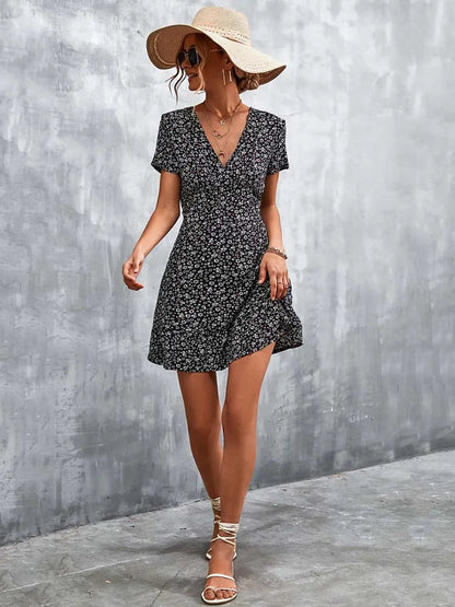 Summer Short V Neck Flower Mini Midi Dresses
