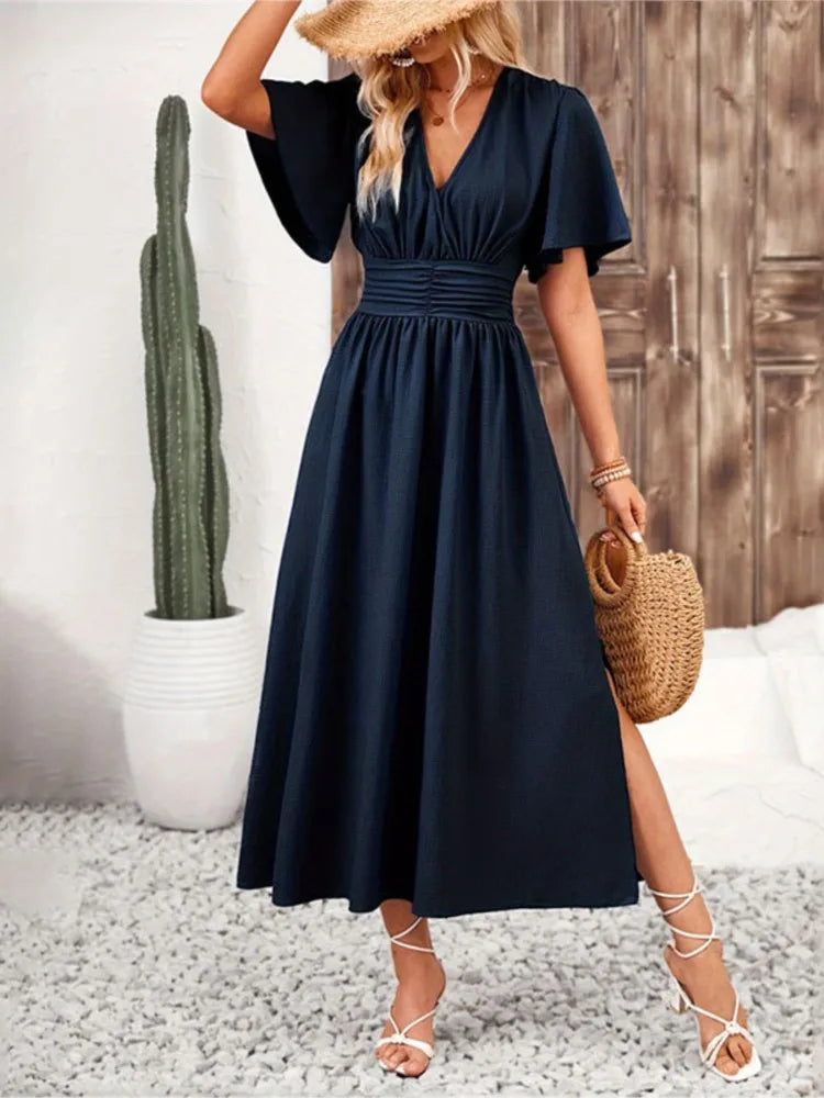 Summer Color Long Dresses Ruffled Short Sleeves V-neck Folds Elastic Waist Slit Dress Lady Vestidos