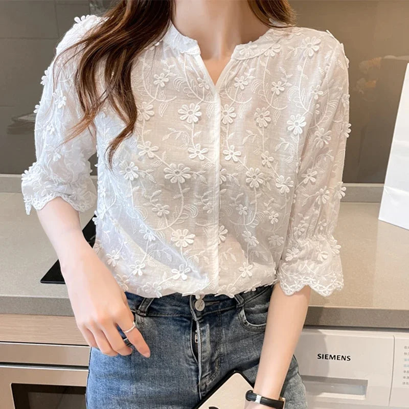 Embroidery Short Sleeve White Blouse