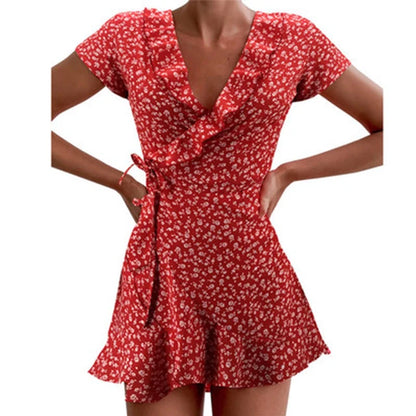 Summer ’s Floal A-line Dress Sweet Ruffles V-neck Bandage Short Dress for Lady Flowers Mini Dress
