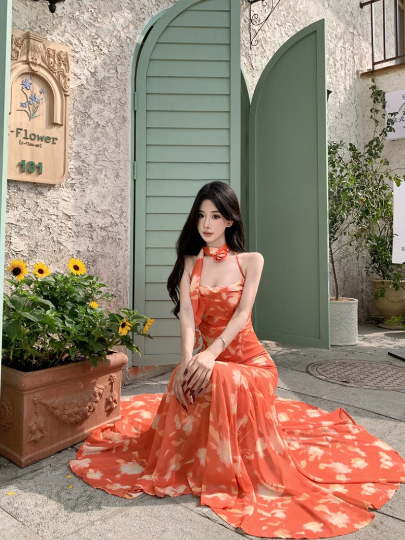 Sunset Orange Halter Maxi Dress _ Romantic Summer Vacation Dress