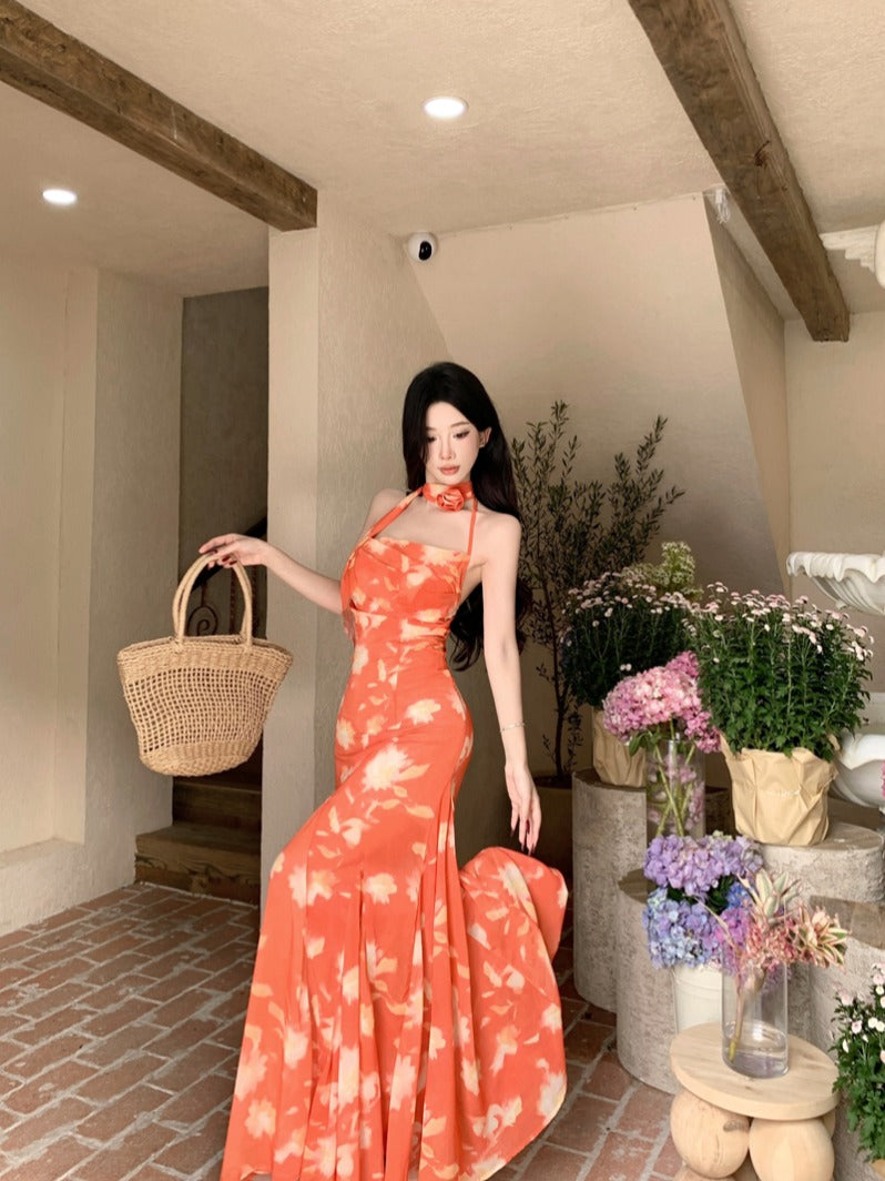 Sunset Orange Halter Maxi Dress _ Romantic Summer Vacation Dress