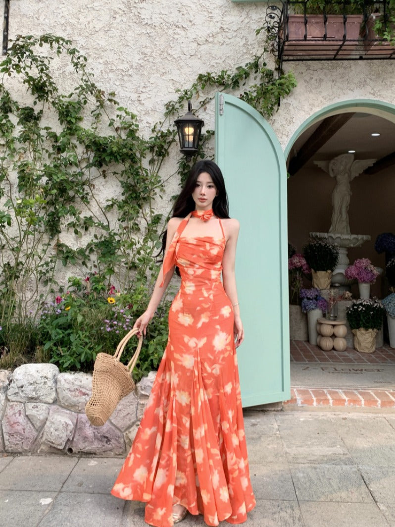 Sunset Orange Halter Maxi Dress _ Romantic Summer Vacation Dress