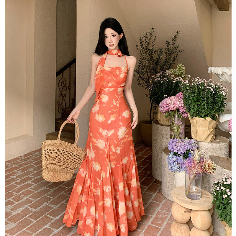 Sunset Orange Halter Maxi Dress _ Romantic Summer Vacation Dress