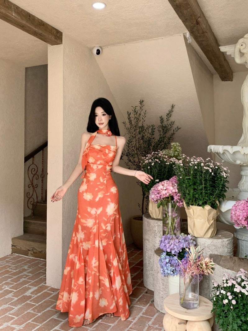 Sunset Orange Halter Maxi Dress _ Romantic Summer Vacation Dress