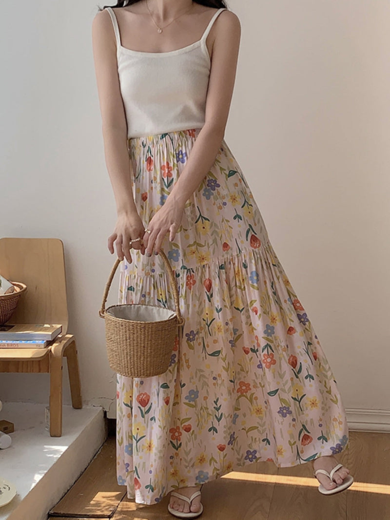 Sweet Cotton Skirt _ Summer Crinkled Midi Skirt for Flowy Skirt