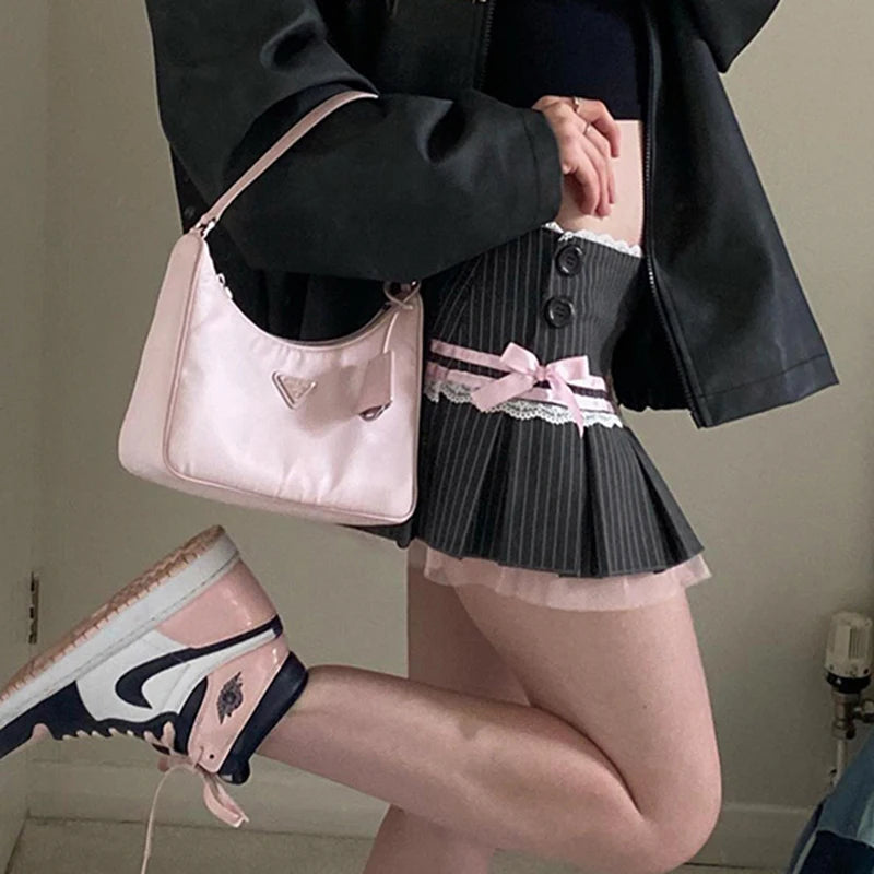 Pink Bow Stitched Pleated Skirt