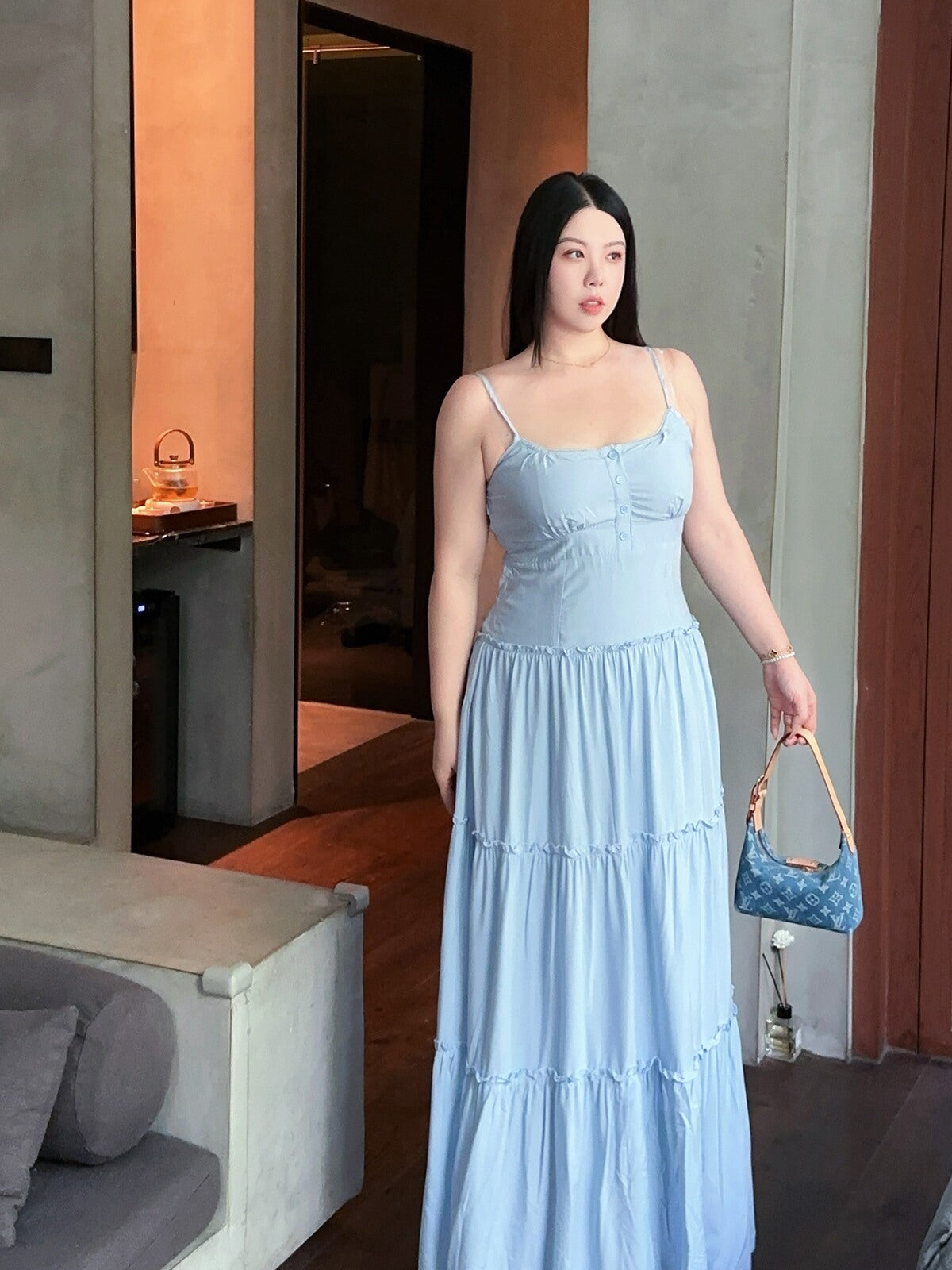 Sweet Blue Ruffled Maxi Dress Plus-size