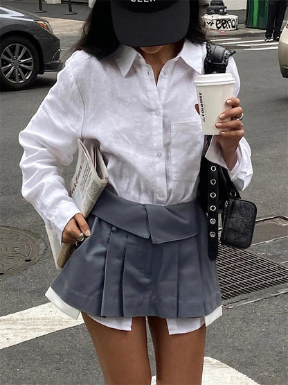 New Mini Skirt for High Waist Gray Pleated Skirt A-line Turn-down Shorts Y2k Skirt With Pockets