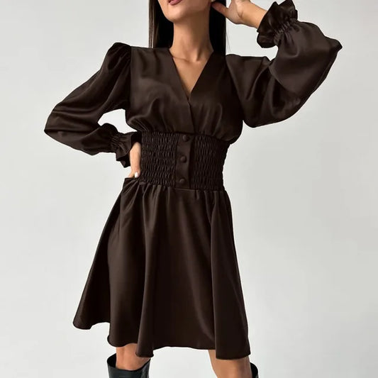 Folds Satin Dresses for Birthday V Neck Slim Dress Femme Party Temperament Retro Midi Dress Woman