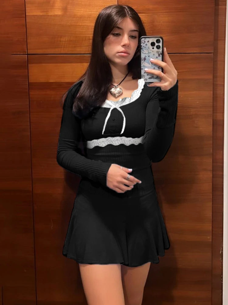 Knitted Mini Dress for Rib High Waist Splice Lace Dresses Femme Slim Folds Dress Woman Autumn
