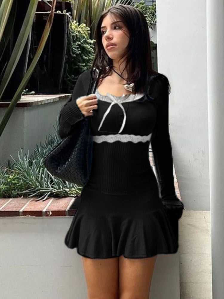 Knitted Mini Dress for Rib High Waist Splice Lace Dresses Femme Slim Folds Dress Woman Autumn