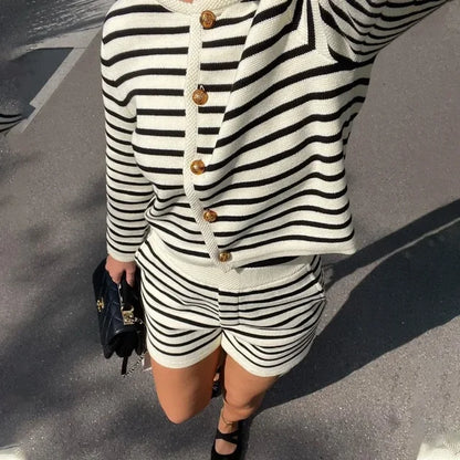 Knitted Shorts 2 Piece Sets Outfits Loose Cardigan Sweater Woman Winter Street High Waist Short Suits