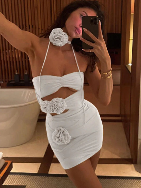 Lace Up Flower Dress for Njght Hollow Out Summer Mini Dresses Woman Slim Party Backless Dress ’s Clothing
