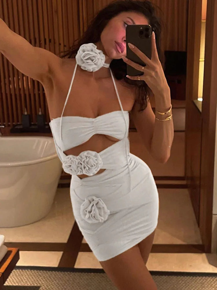 Lace Up Flower Dress for Njght Hollow Out Summer Mini Dresses Woman Slim Party Backless Dress ’s Clothing