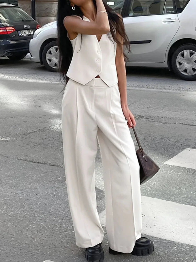 Loose Pant Sets for Sleeveless Crop Tops and High Waist Suit Trouser 2 Piece Suits Outfits