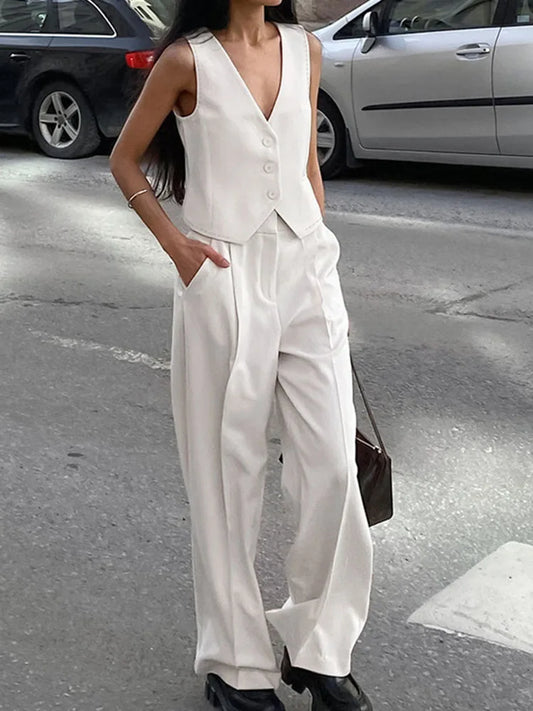 Loose Pant Sets for Sleeveless Crop Tops and High Waist Suit Trouser 2 Piece Suits Outfits