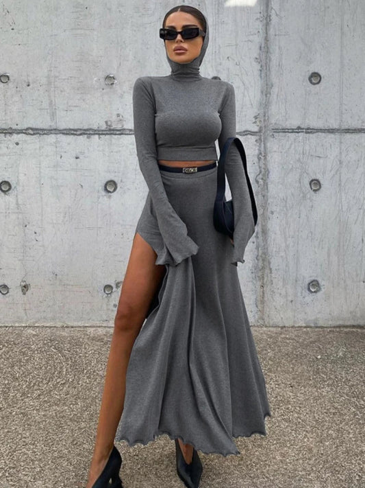 Loose Side Slit Skirt Two Piece Sets Outfits Dress Sets Short Long Sleeve Hoodies and Skirts Suit Femme