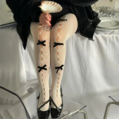 Mesh Bow Tights Leggings Summer Hollow Out Pantyhose Slim Bodycon Fishnet Stockings Woman