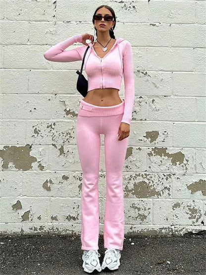 New Knitted Hoodie Cropped Top and Pants Sets White Y2k Outfits Low Waist Knit Two Piece Sets for Tracksuit