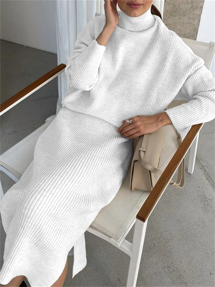 Knitted 2 Piece Outfit Set Long Sleeve Sweater Top and Pencil Long Skirts Autumn Two Piece Sweater Sets