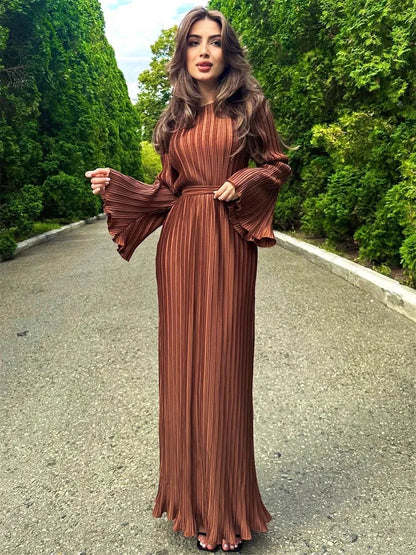 Ruffled Lace-up Ribbed Maxi Dress for Long Sleeve High Waist Party Dress Autumn Bandage Dress