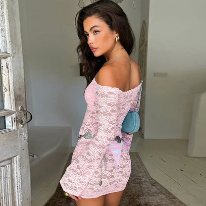 Off Shoulder See-through Lace Dress for Long Sleeve Slim Splice Beach Evening Mini Dress Female