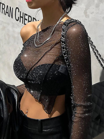 Sheer Mesh Crop Top Tee Summer See-through One-shoulder Tops for Slim Cropped Mesh Lace Black T-shirt