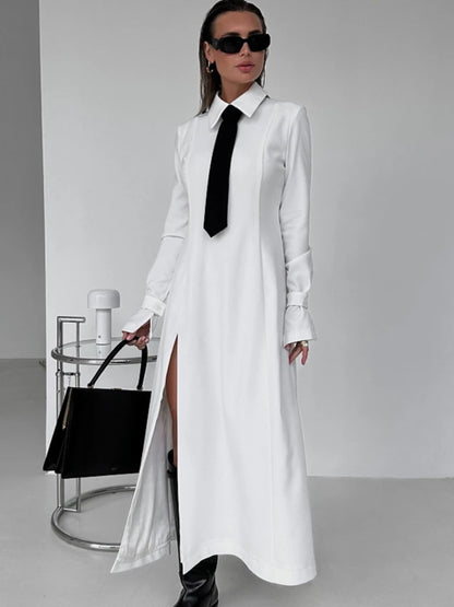 Side Slit Long Dress for White Turn Collar Tie Midi Dresses Femme New Street Loose Slender Dress Woman