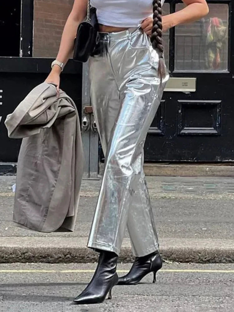 Silver Pu Pants High Waist Loose Wide Leg Pants Clubwear Party Femme Long Pant Autumn