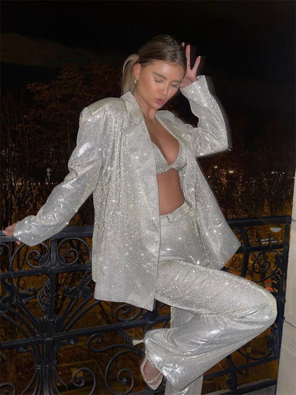 Glitter Silver Party Two Piece Pants Set Club Night Outfits Sparkly Blazer Matching Sets Femme Tracksuit