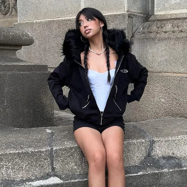 Zip Up Hoodie Black Feather Splice Long Sleeve Loose Sweatshirt Woman Street Winter Cardigan Femme New
