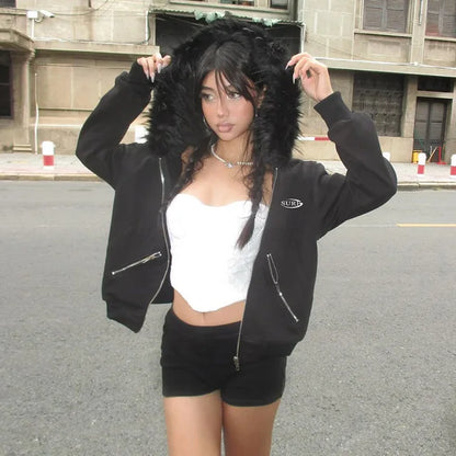 Zip Up Hoodie Black Feather Splice Long Sleeve Loose Sweatshirt Woman Street Winter Cardigan Femme New