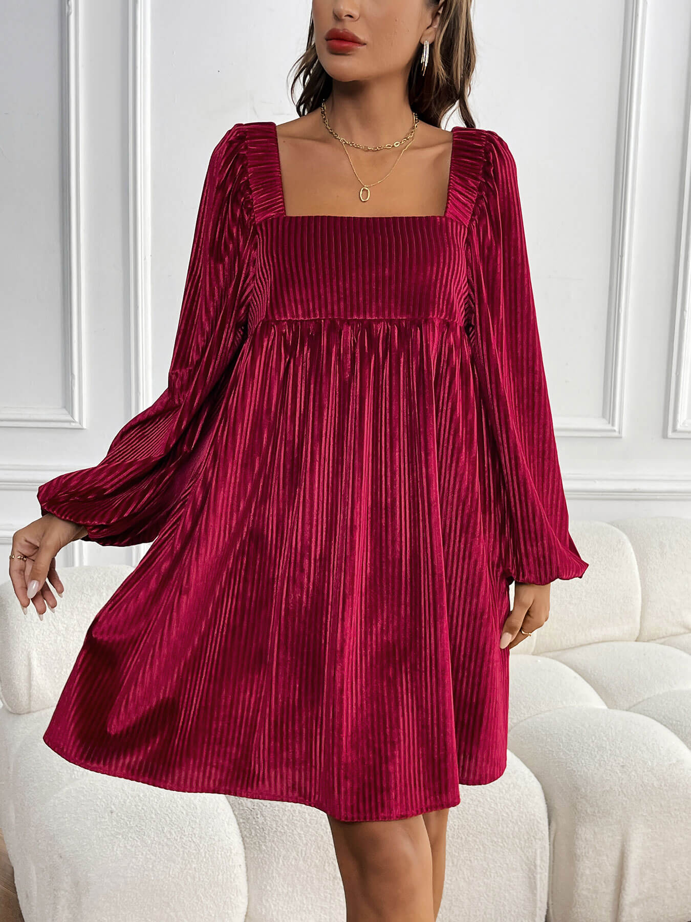 Winny Corduroy Babydoll Mini Dress - Maroon