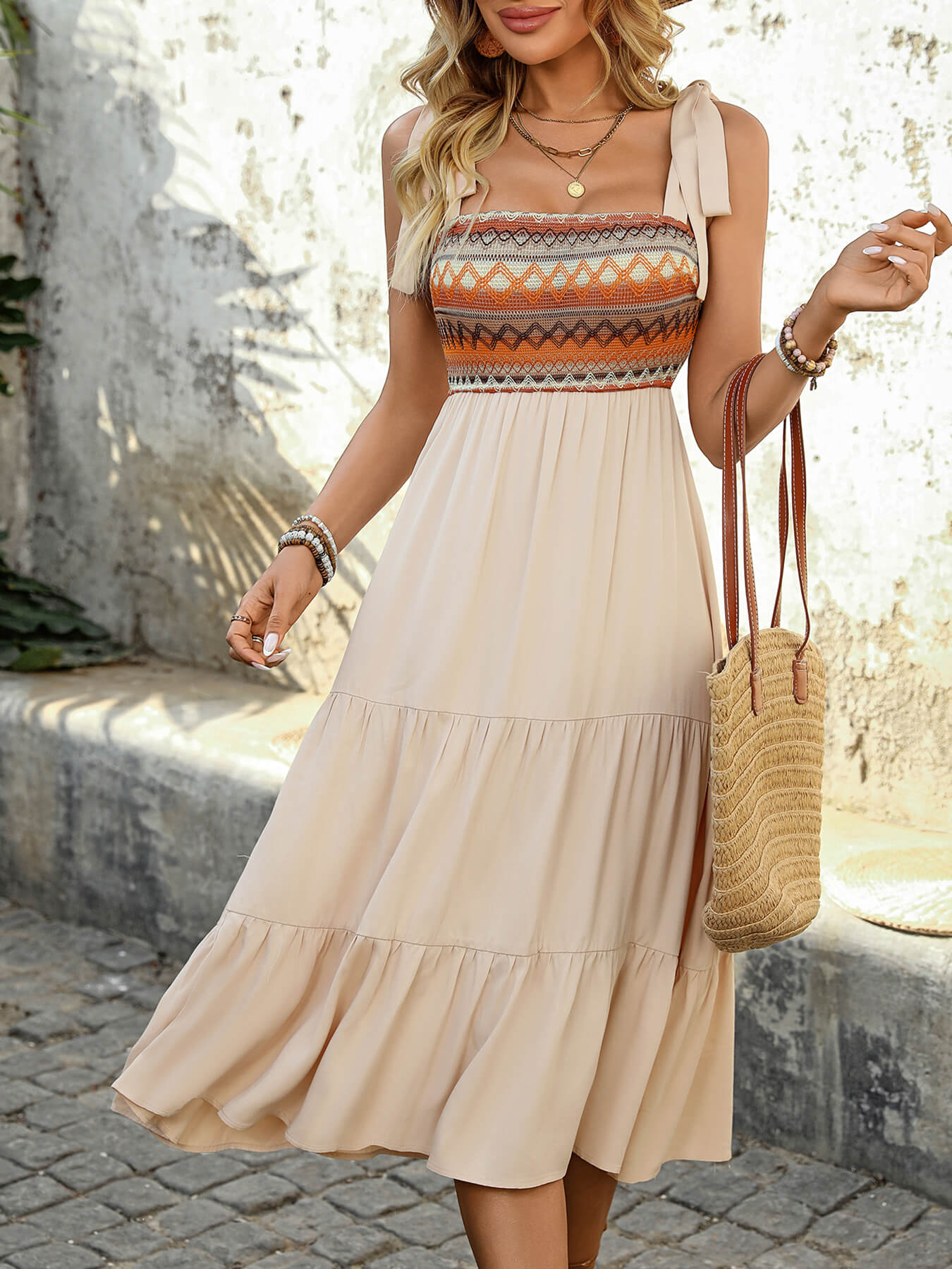 Joyful Retro Embroidered Midi Dress - Apricot