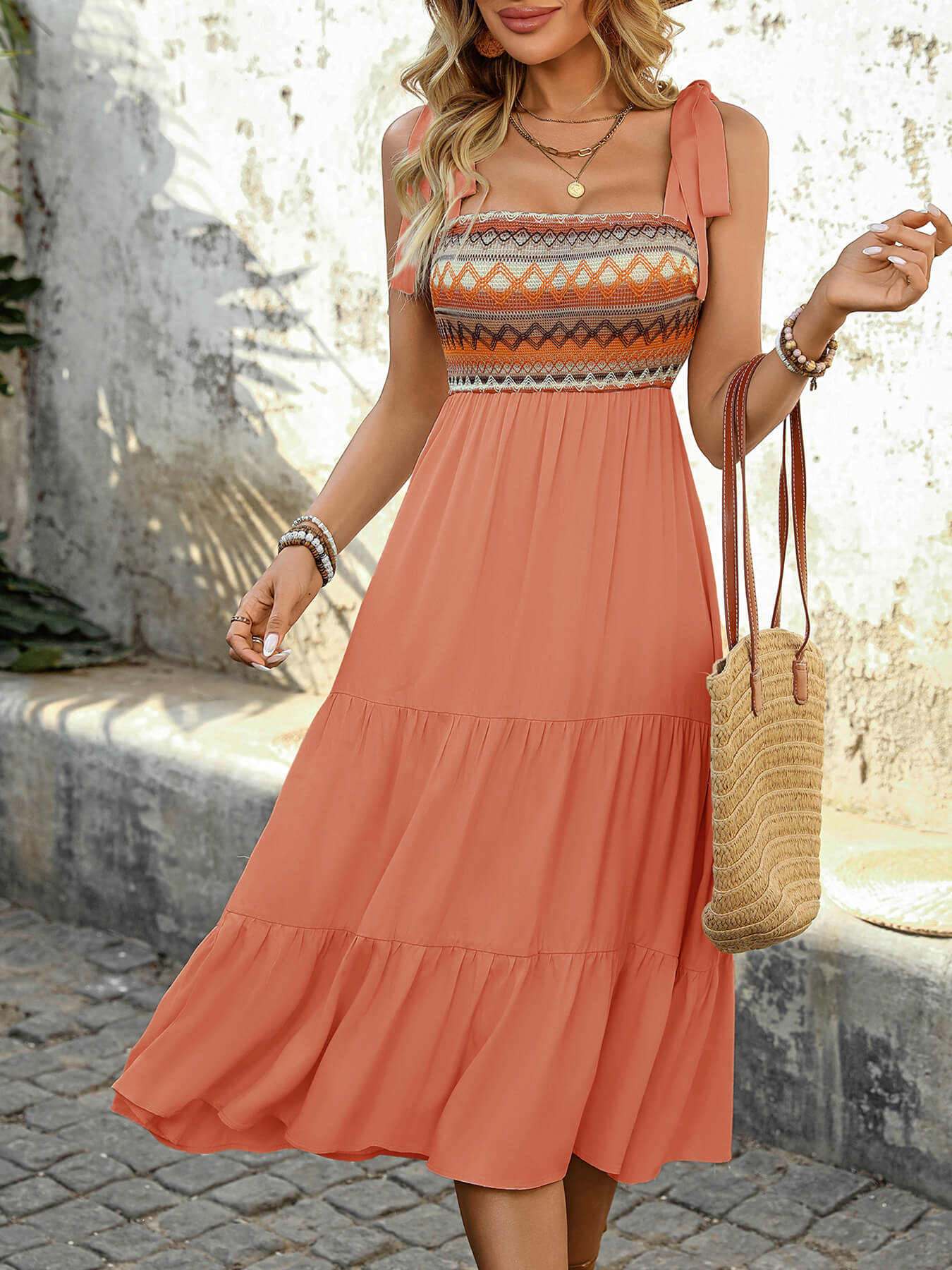 Joyful Retro Embroidered Midi Dress - Orange