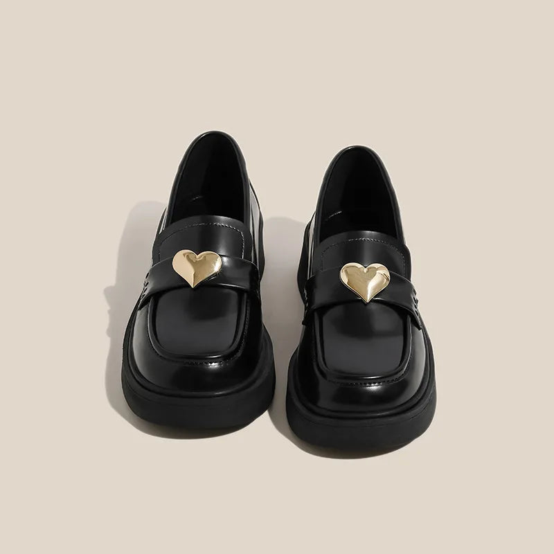 Retro British Style Chunky Heel Slip on Leather Round Toe Platform Flats Loafers